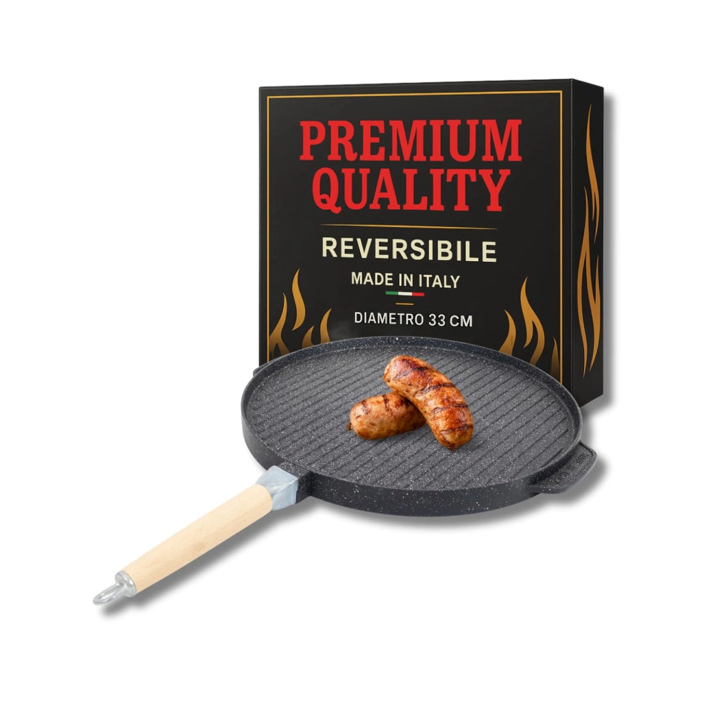 MOHOME Bistecchiera Antiaderente Pietra Made in Italy Alluminio Pressofuso Reversibile Piano Cottura Grill Fornello Gas Forno Padella Piastra Liscia Rigata Manico Removibile Taglia: 33 CM Ø