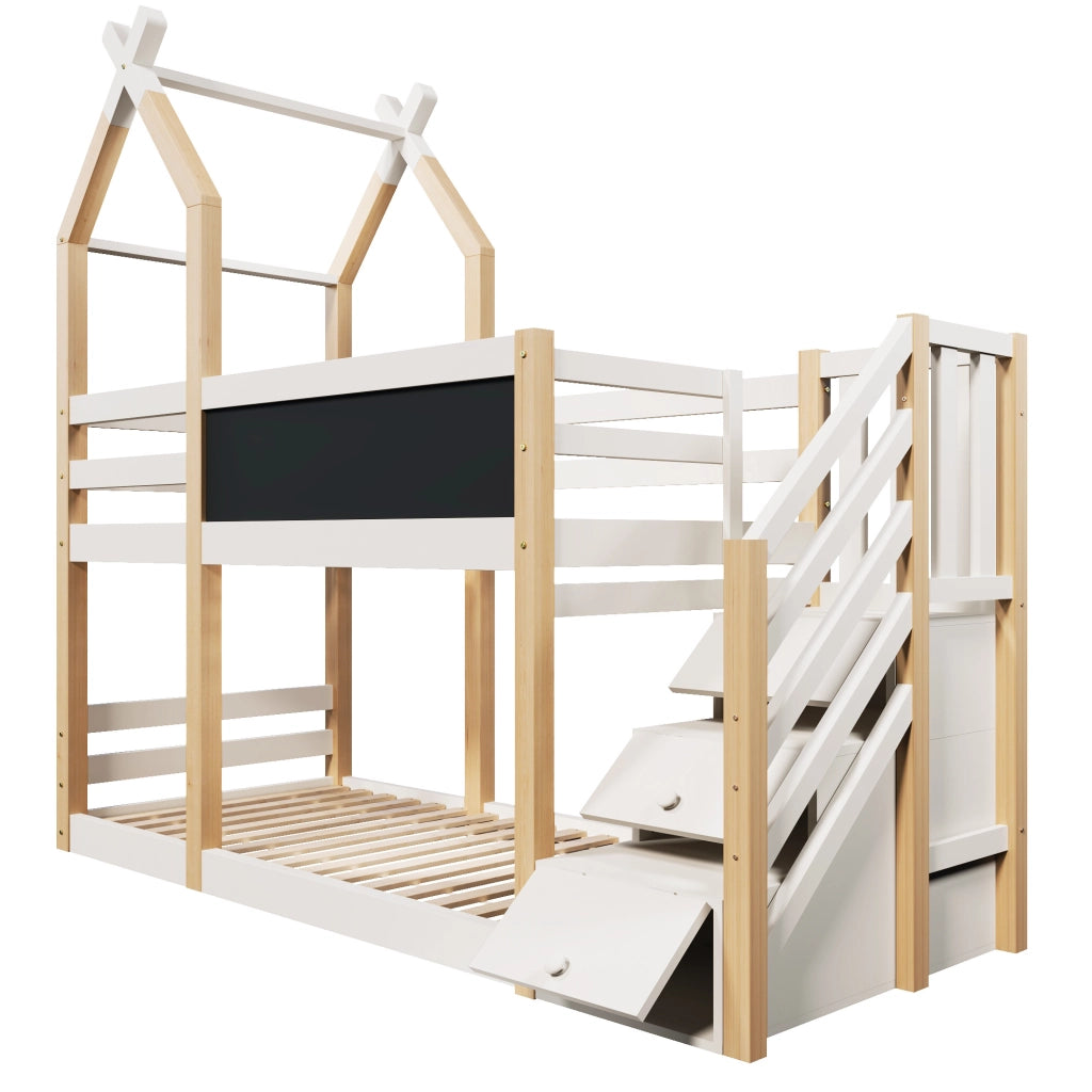 Letto a soppalco 90x200 cm con lavagna e scala contenitore in legno e MDF bianco