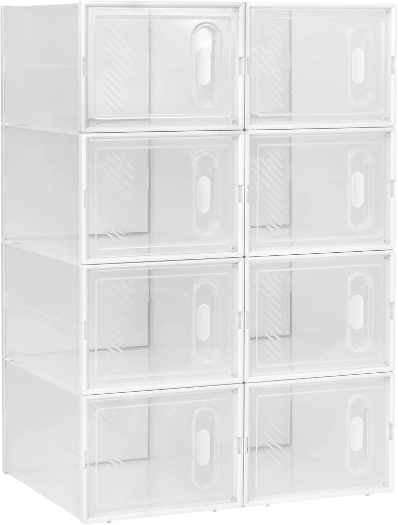 Set di 8 Scatole per Scarpe Contenitore Portascarpe Scarpiera Organizzatore Portaoggetti Impilabile Salvaspazio Coperchio Magnetico Plastica Trasparente Bianco 35x25x19cm