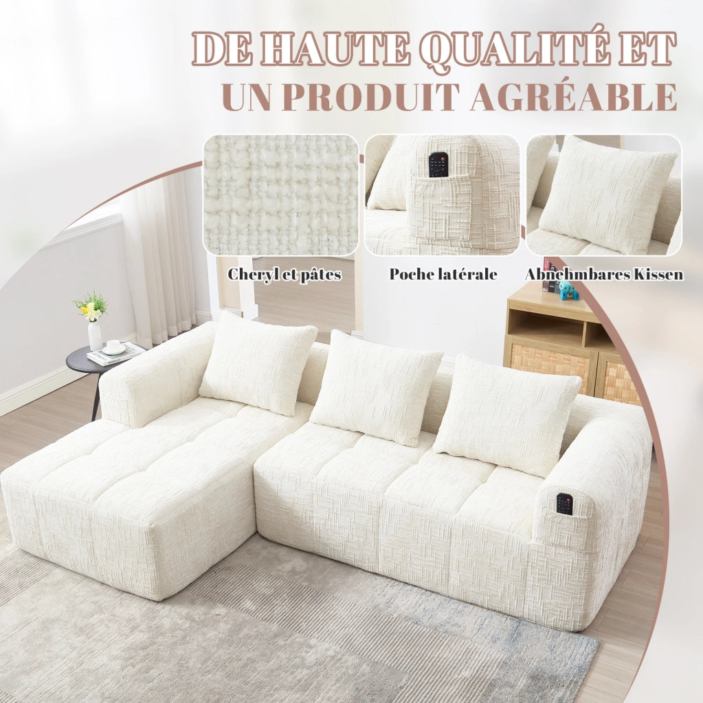 Divano modulare a L 3 posti in chenille beige con chaise longue e braccioli, dimensioni 250x158x60 cm