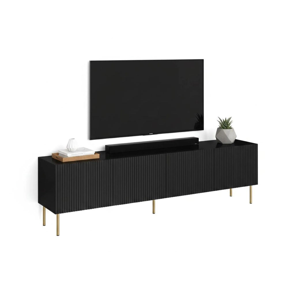 Mobile porta TV Varenna, Madia da salotto con quattro ante battenti, Rialzato da terra, 200x42 h52 cm, Nero