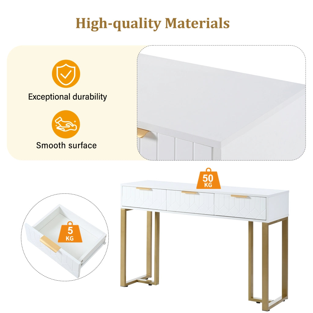 Consolle con 2 cassetti e motivi geometrici, struttura in MDF, per soggiorno e ingresso, bianco e oro