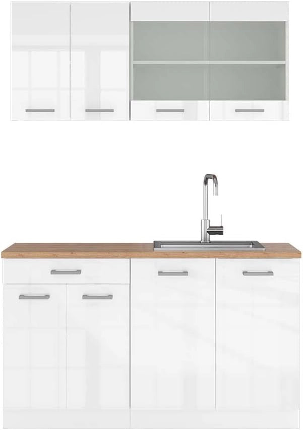 Cucina monoblocco R-Line, Bianco lucido, 140 cm, PL Rovere, adatto a spazi piccoli, espandibile in modo modulare