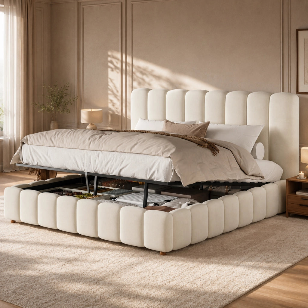 Letto Contenitore 180x200 cm; Letto Matrimoniale - Contenitore idraulico; in Velluto Beige