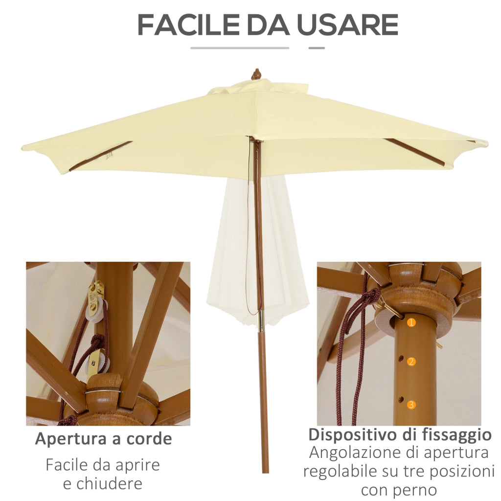 Ombrellone da Giardino 2.5x2.3 m a 6 Stecche in Legno Laccato e Poliestere. Beige