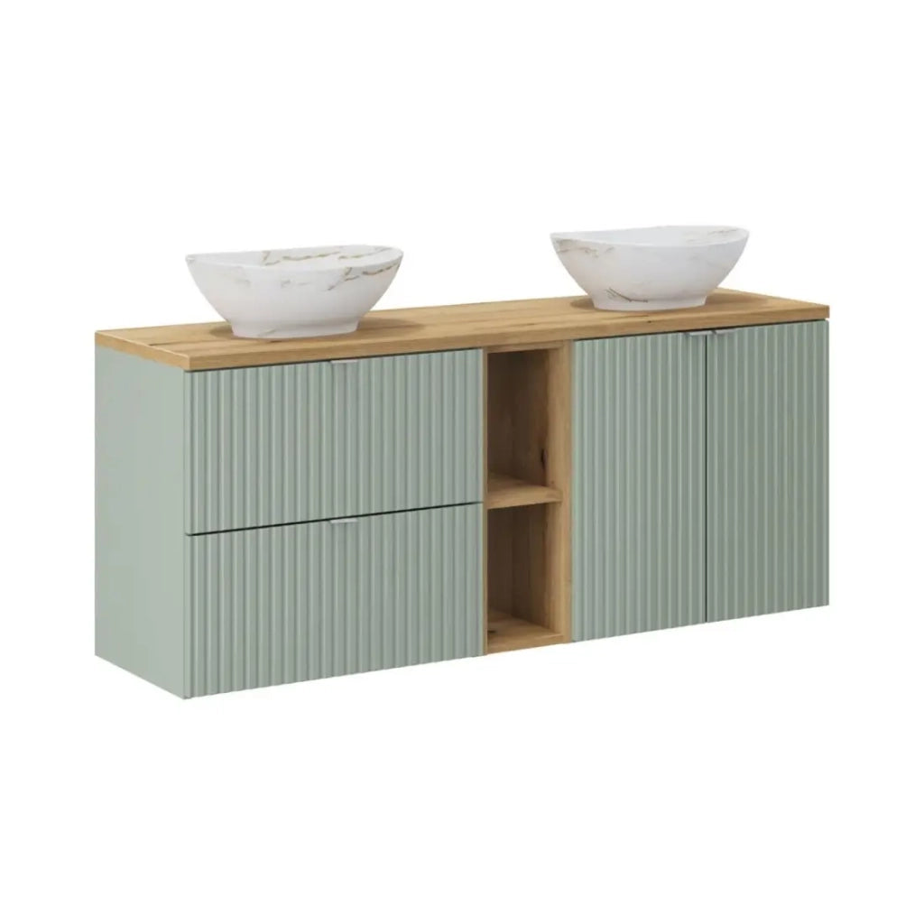 Insieme ELVINA 140cm: mobile sotto lavabo con nicchie visibili a cassetti e armadietti + piano per il lavabo + due lavabi da appoggio