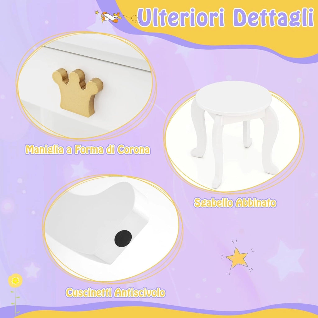 Set Toeletta Trucco per Bambina con Sgabello, Tavolo Trucco Triplo Specchio Staccabile con Luci LED a 3 Colori, Postazione Trucco con Cassetto e Accessori, per Bambine 3-7 Anni (Bianco)
