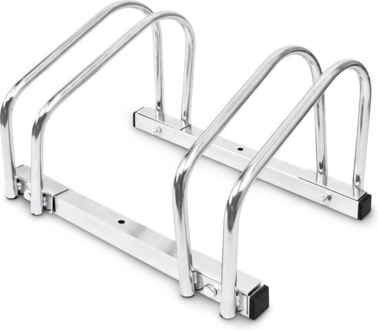 Supporto per biciclette per 2 biciclette - Stendardo in acciaio verniciato a specchio per pavimento o muro - Adatto all'uso all'aperto - Dimensioni: 26x40x32 cm - Argento