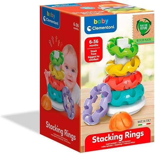 Stacking Rings, Anelli Impilabili, Torre di 5 Anellini Gioco Prima Infanzia Made in Italy, Linea Play For Future, Stimol