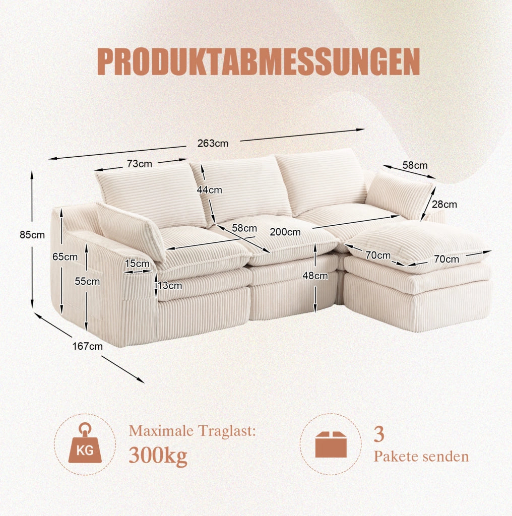 Divano modulare a 3 posti in corduroy beige con pouf; tasche laterali e cuscini 263x167x85 cm