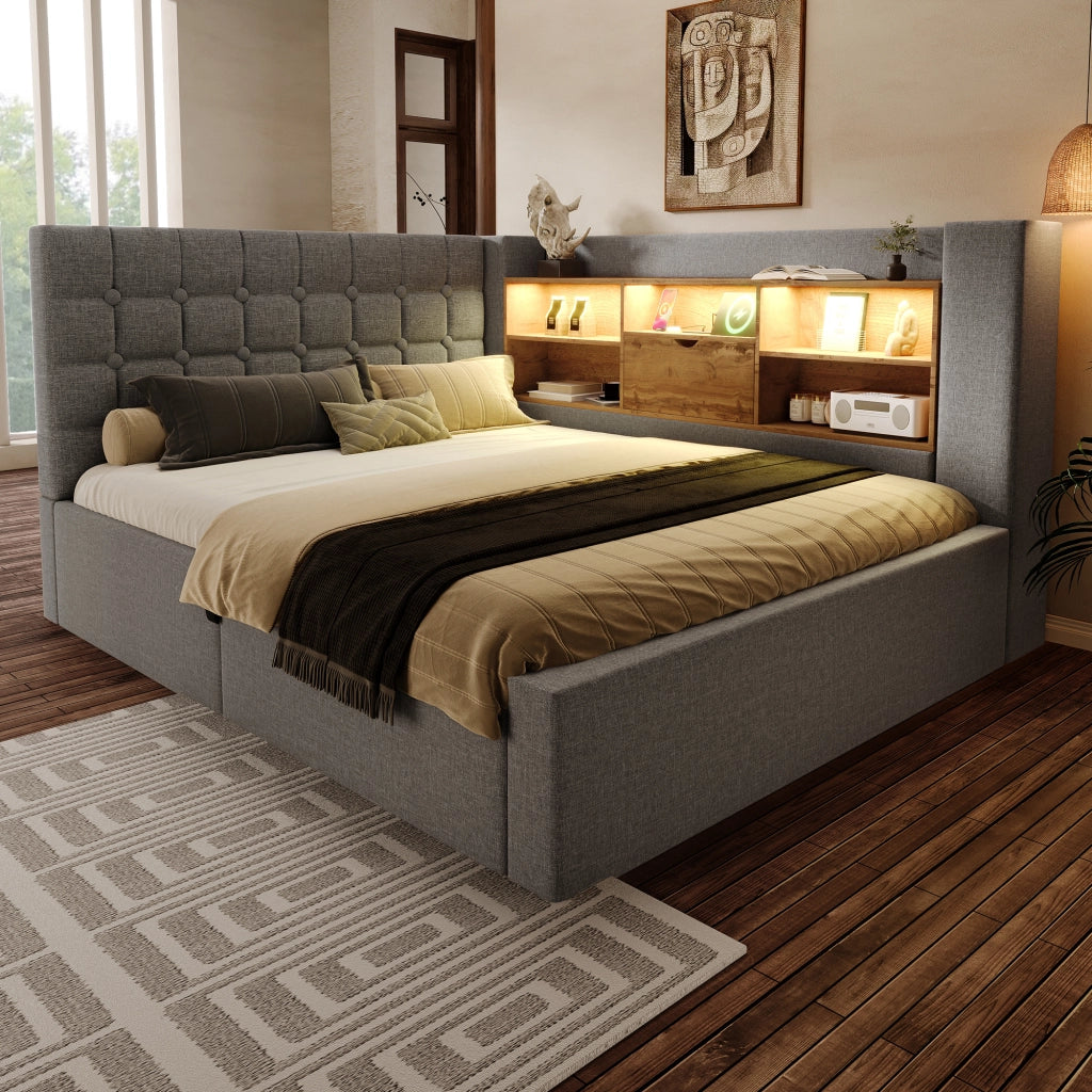 LETTO imbottito 140x200 cm in tessuto grigio con LED, USB e vano contenitore