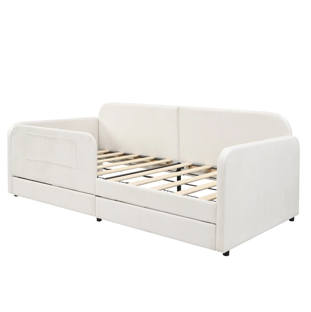 Letto imbottito 90x200 cm con contenitore e tasche in velluto bianco