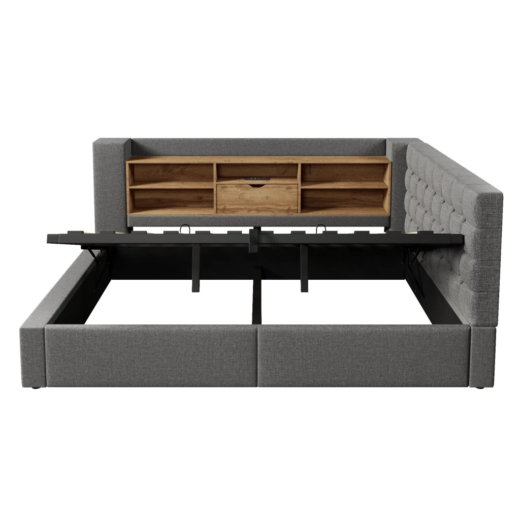 Letto matrimoniale 140x190 cm con LED, USB, contenitore idraulico, testiera a L reversibile, grigio