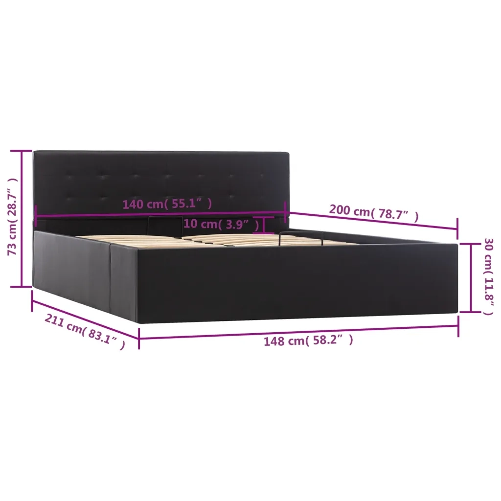 Letto matrimoniale | Letto per adulti | Giroletto con Contenitore Idraulico Nero Similpelle 140x200cm