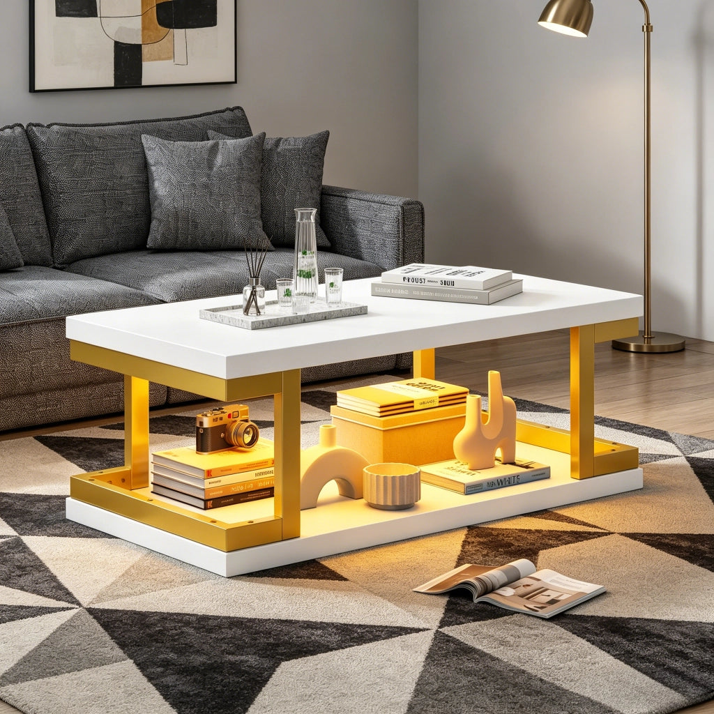 Tavolino da caffè con vano aperto e LED; per soggiorno; in MDF e metallo; 100×50×37.5 cm