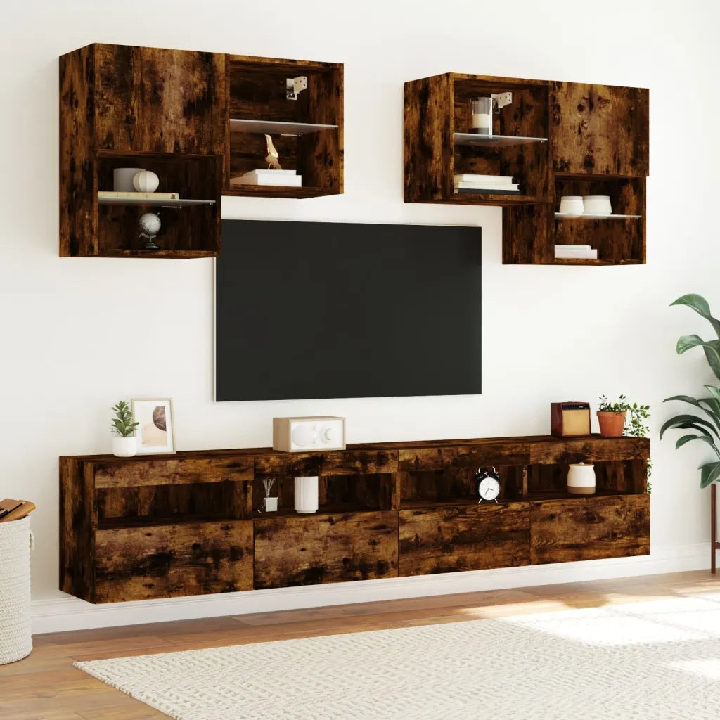 Mobile TV a Parete con Luci LED-Mobile TV a Muro Rovere Fumo 100x30x40 cm