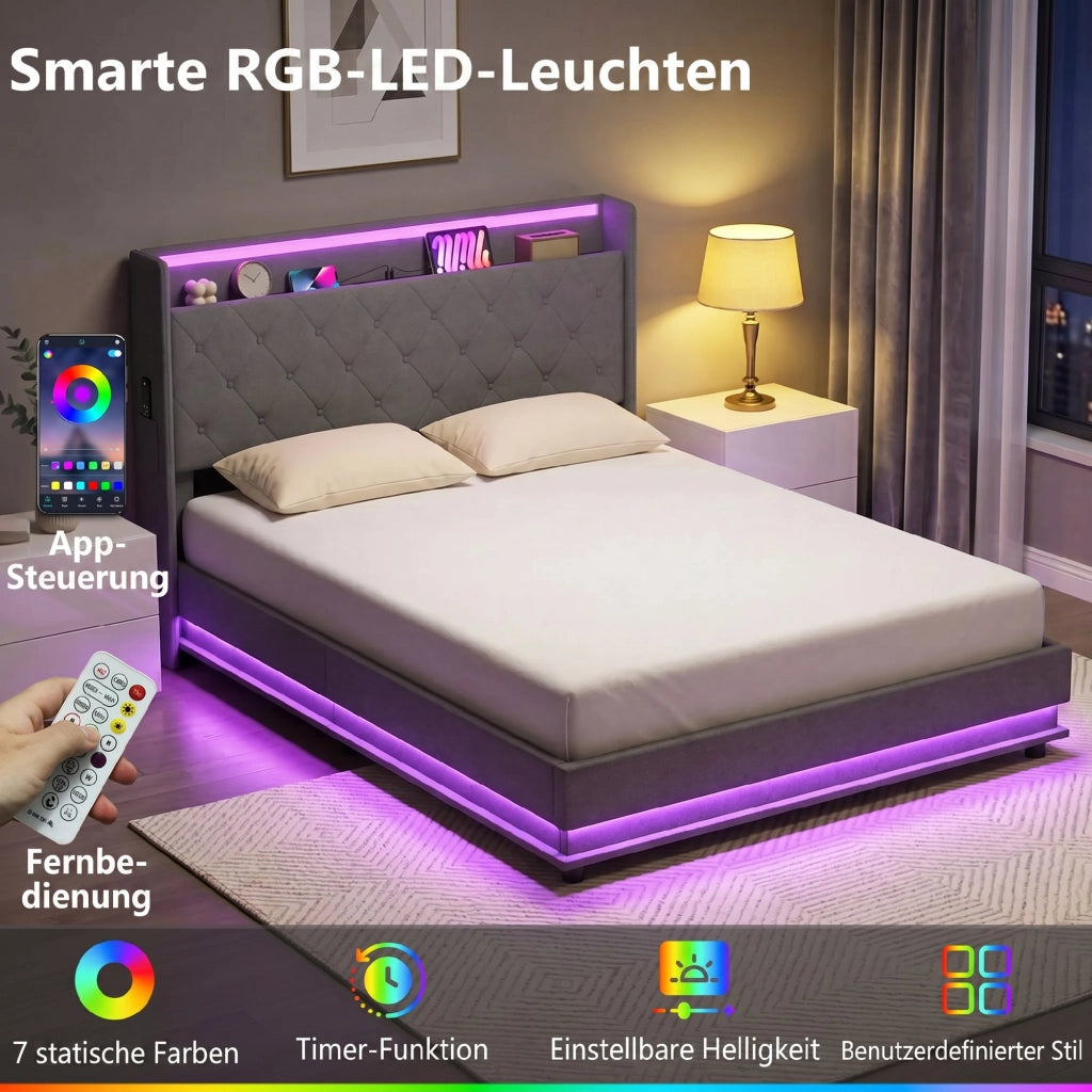 Letto Contenitore Matrimoniale con LED ¨C Zephmum ¨C Grigio 140x200 cm