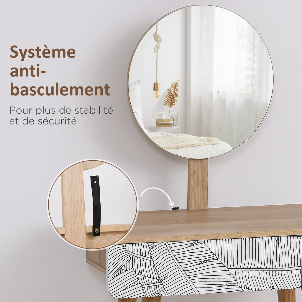 Tavolo Trucco Design Scandinavo con Cassetto e Specchio Grande ¨C zephmum ¨C 70x39x119-128 cm