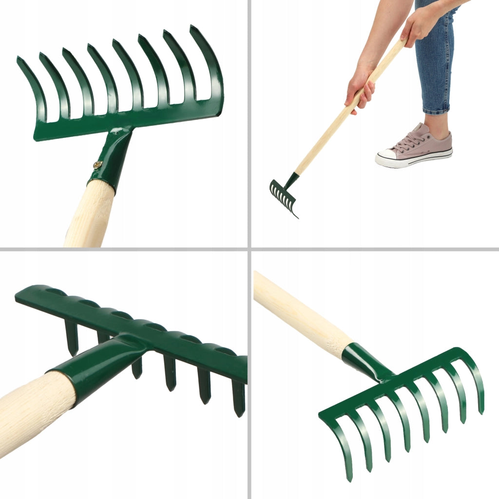 KADAX Piccolo rastrello per foglie ed erba da giardino, 66 cm, 8 denti, manico in legno