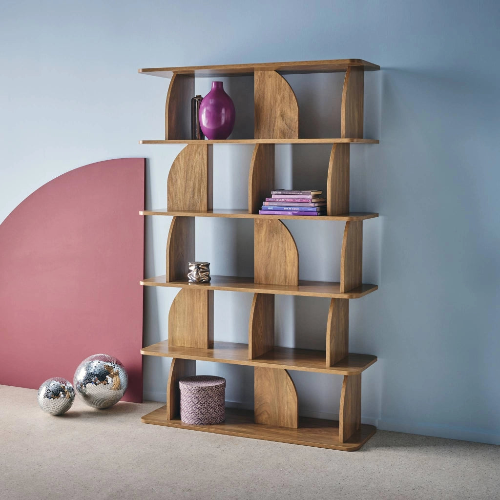 Libreria esotica in legno a 5 livelli, effetto legno miele