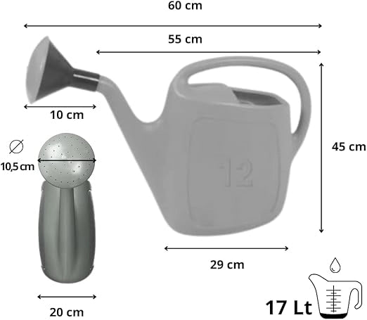Annaffiatoio universale in plastica, beccuccio lungo, impugnatura comoda per interno ed esterno 17lt