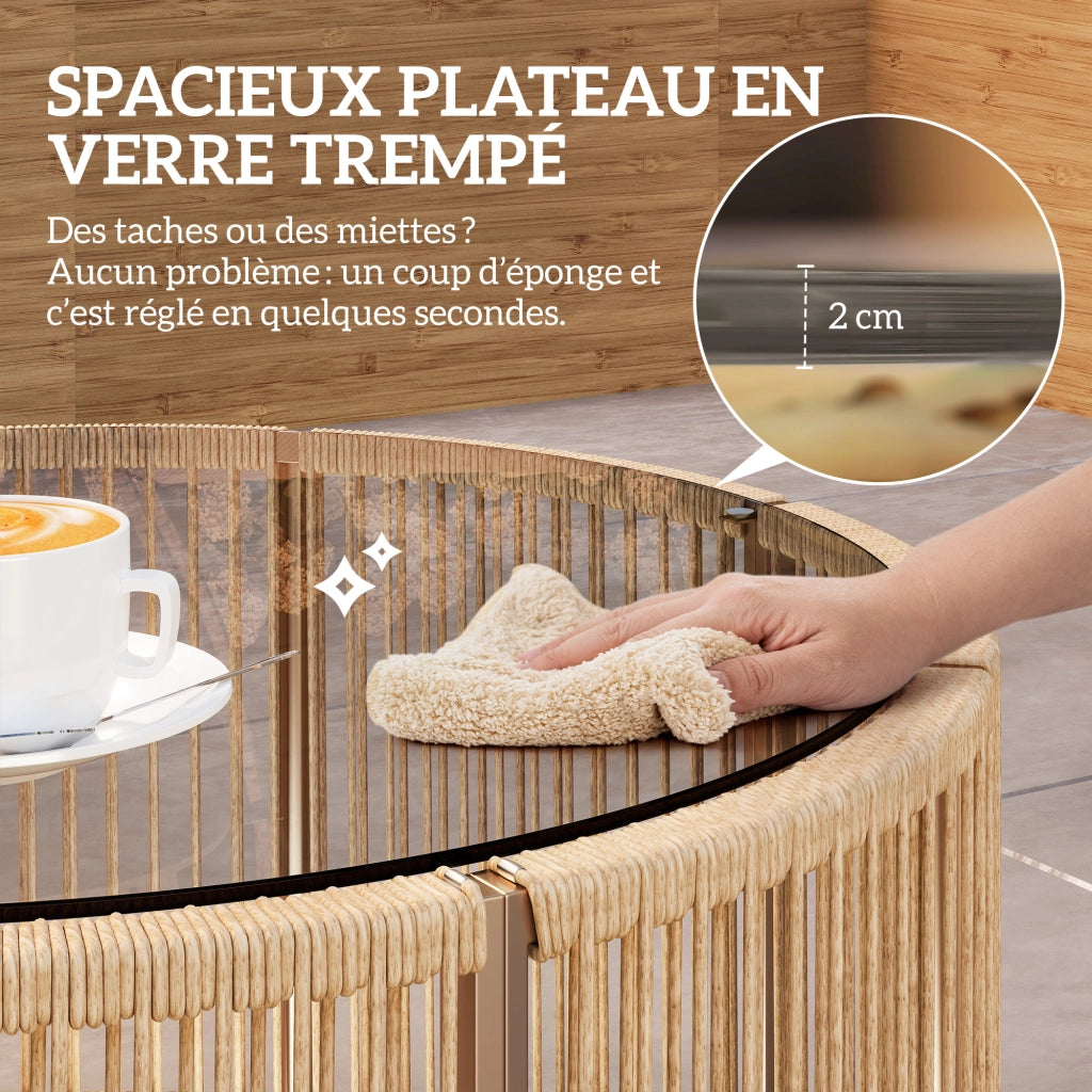 Tavolino da giardino rotondo in polyrattan ¨C zephmum ¨C vetro temperato, acciaio, 70x70x33 cm, marrone