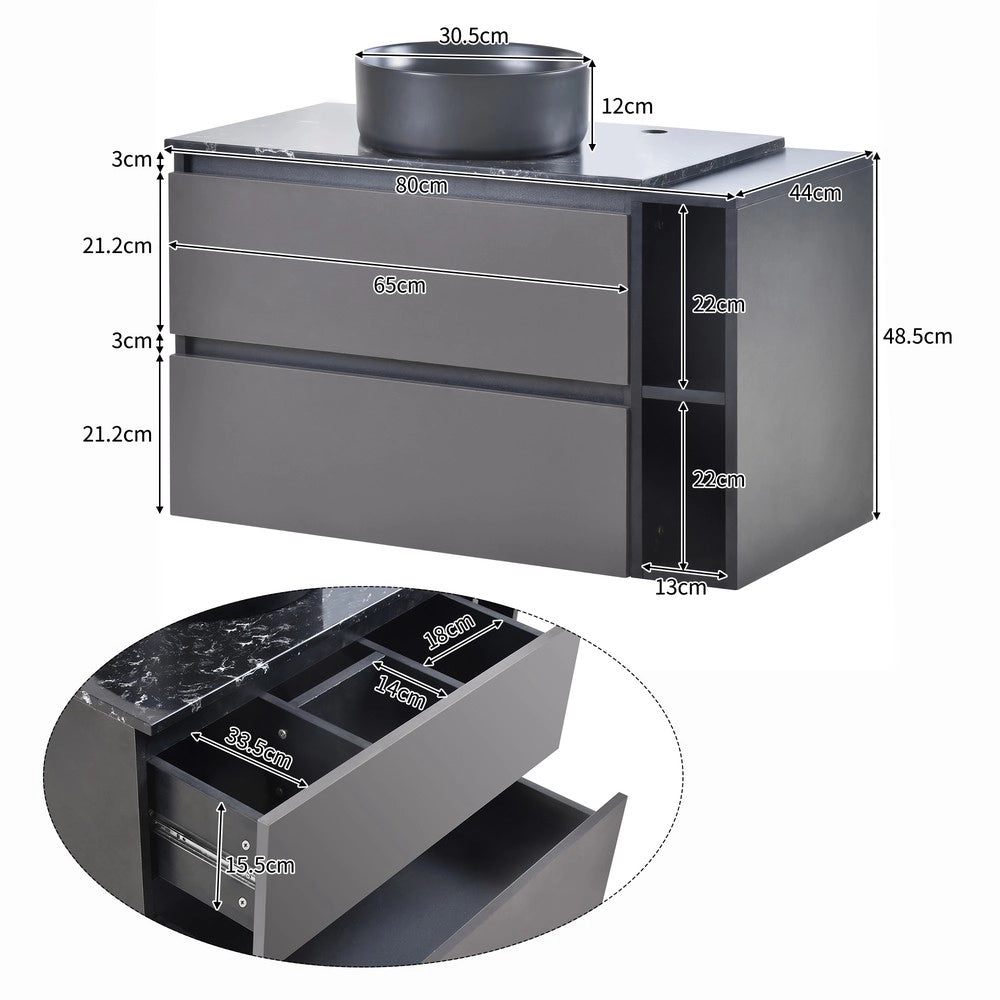 Mobile Sottolavabo Sospeso con Lavabo e Cassetti ¨C Xylo ¨C Nero/Grigio 80cm