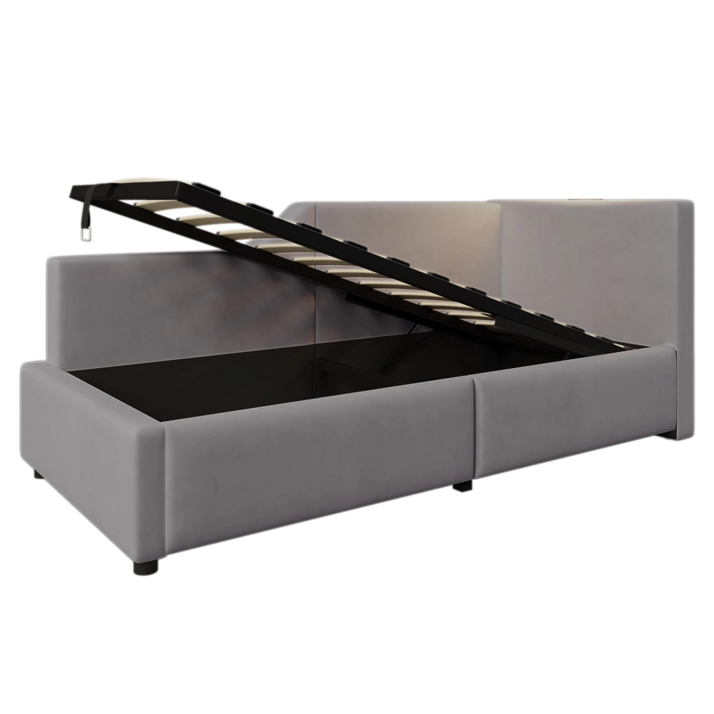 Letto daybed in velluto grigio 90x190 cm con contenitore idraulico; luce da lettura e USB-C