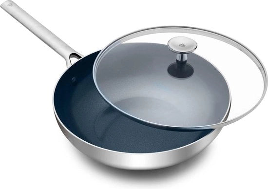 Pentola Wok in Acciaio Inossidabile con Coperchio 28 cm/36 l con Filtro Anti-afto - Senza PFAS - Induzione a Doppio Strato - Resistente a Lavastoviglie - Resistente al Forno - Argento