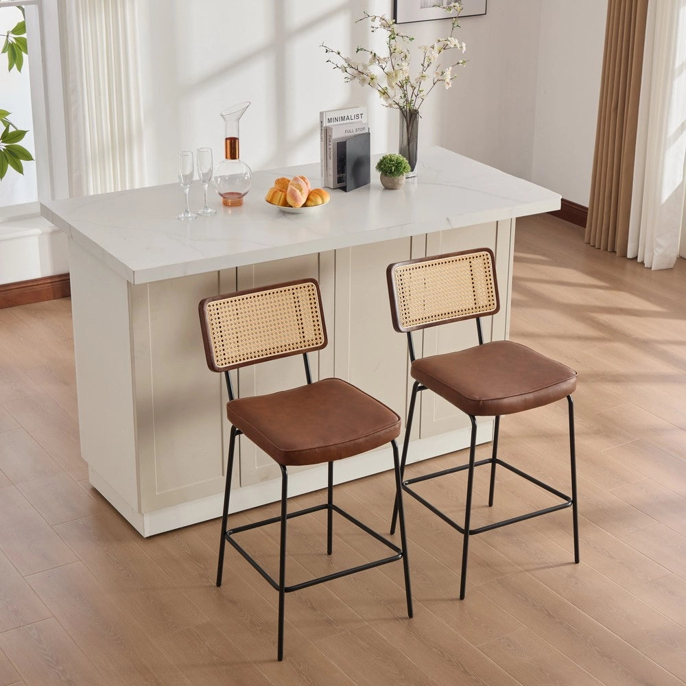 Sgabello da Bar ¨C MINIMAL ¨C Marrone, Rattan, Gambe in Metallo, PU, Senza Braccioli, Set 2 Pezzi