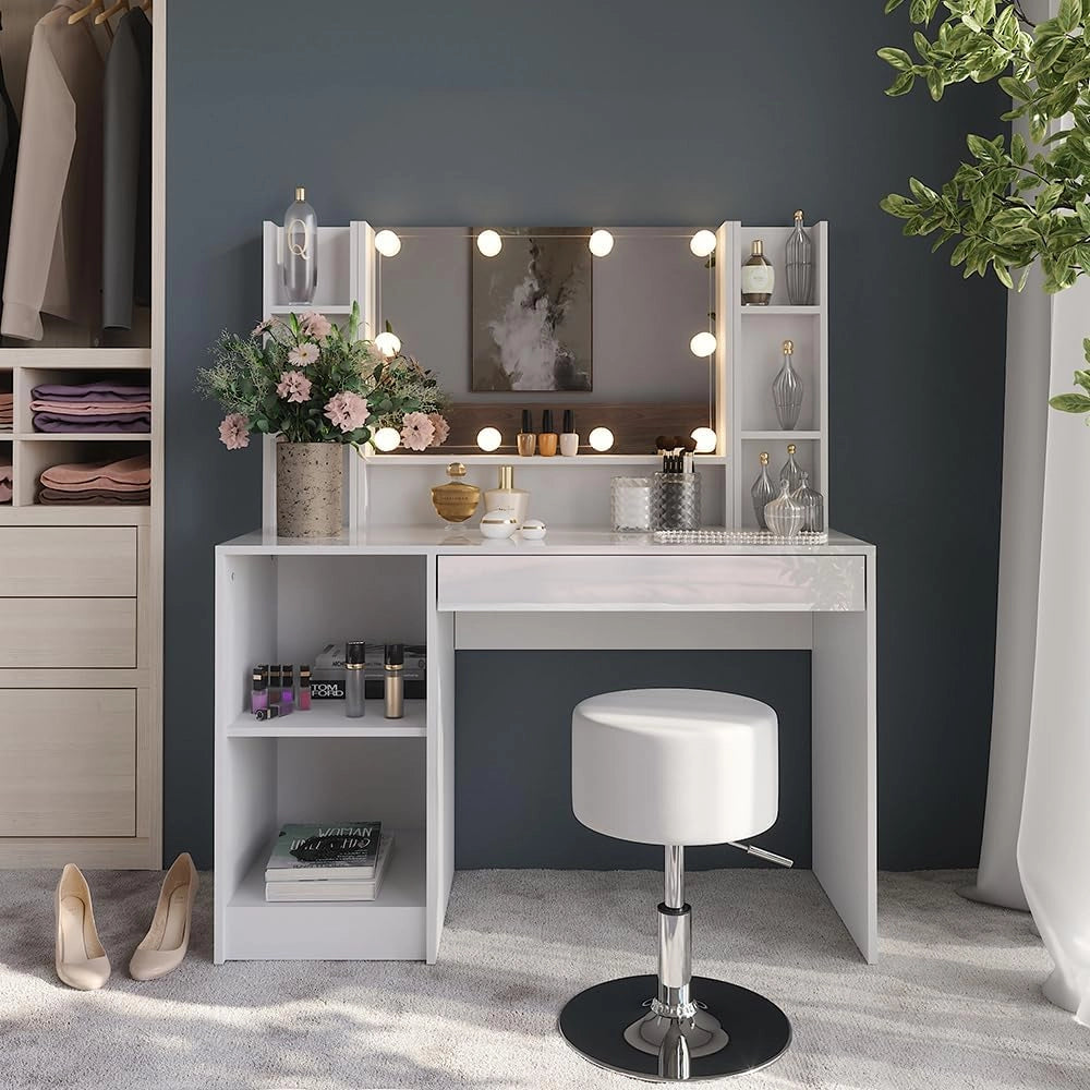 Tavolo da toeletta Sherry, Bianco/bianco lucido, 119.8 cm 6 parti