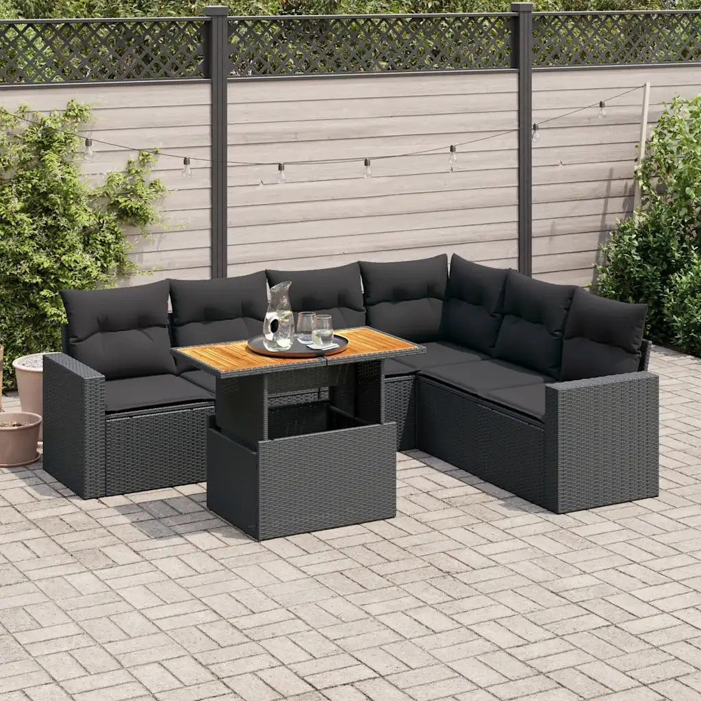 Set Divani da Giardino con Cuscini 7pz Nero Polyrattan