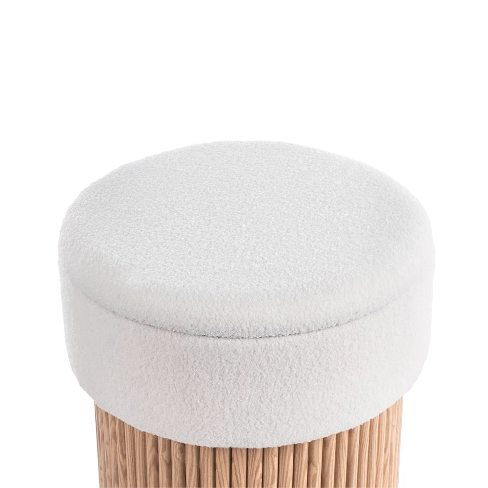 Pouf contenitore Seduta imbottita in bouclé bianco sporco Base in legno Poggiapiedi rotondo