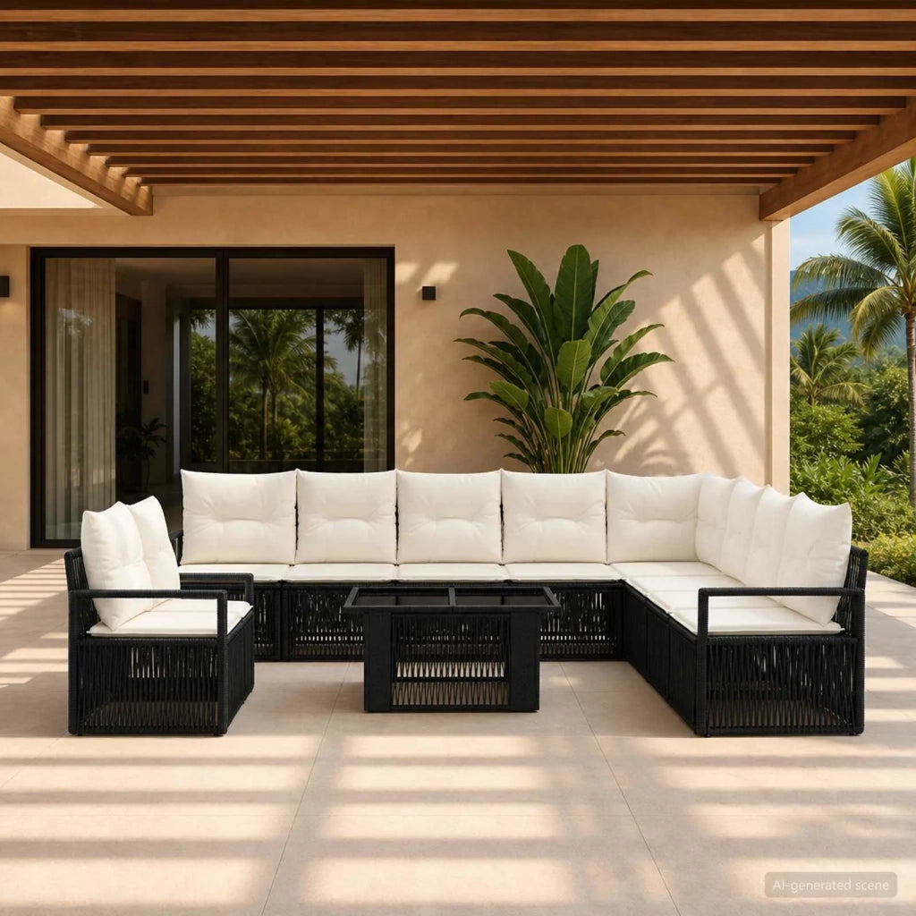 Set Divano da Giardino 11 pz Nero e Bianco Crema polyrattan 3437119