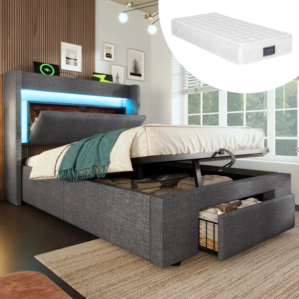 Letto 90x200 cm con contenitore idraulico, LED, USB e materasso incluso