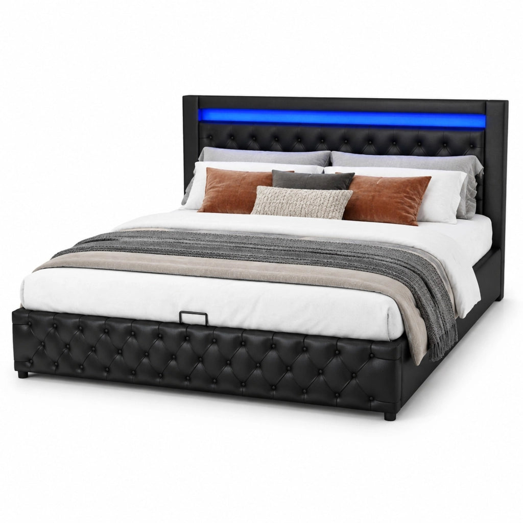 Letto capitonné 140 x 190 cm con sommier a doghe, contenitore sottoletto, LED, PU nero