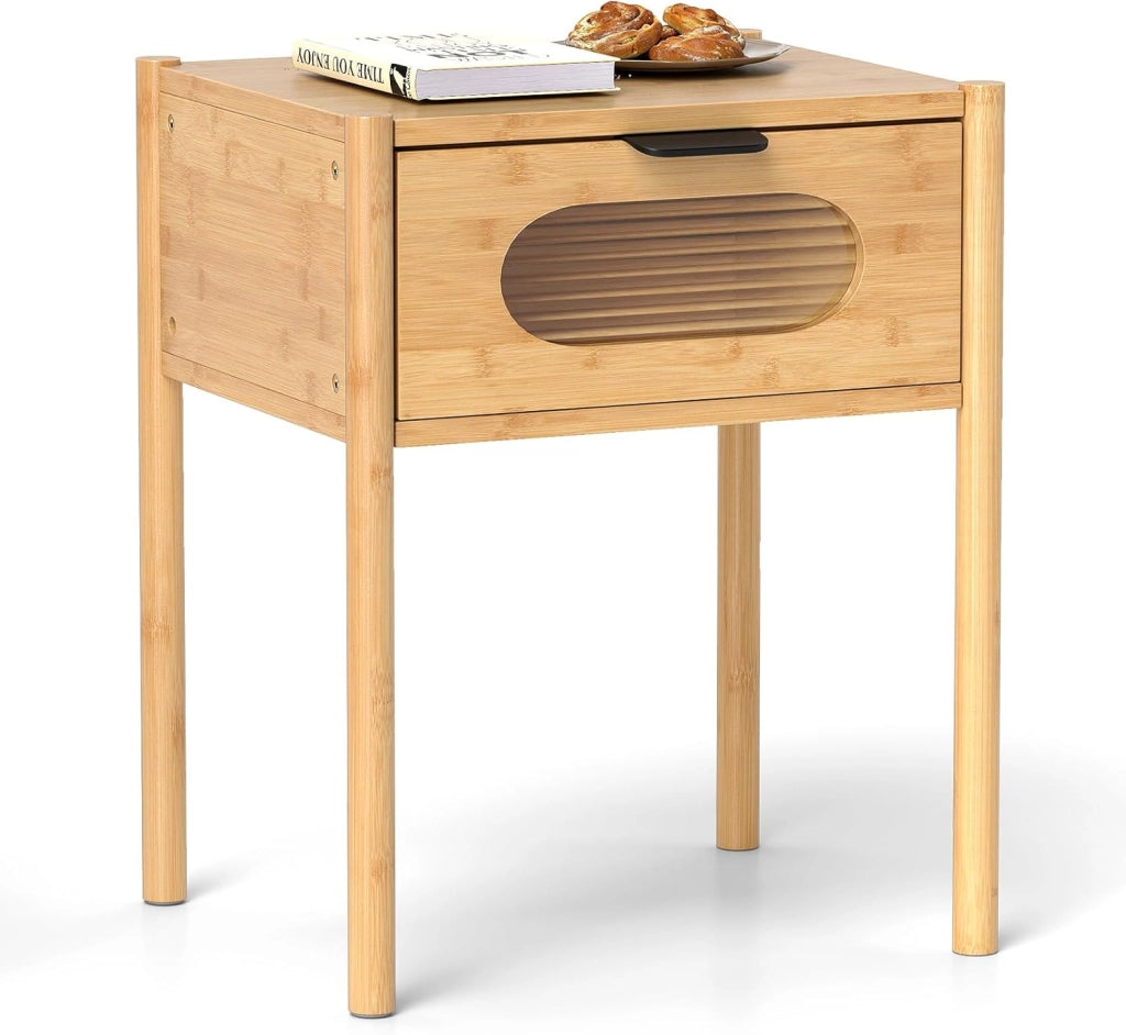 Comodino Camera da Letto in Bambù, Comodino con Cassetto in Vetro Temperato e Maniglia, Tavolino da Letto Piccolo con Gambe Rialzate per Soggiorno, Cameretta e Spazi Ridotti, Naturale (1)