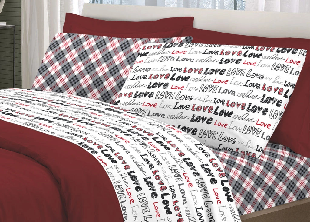 Completo Lenzuola Letto Linea Young 100% Cotone Disegno Love Love - Matrimoniale - Rosso