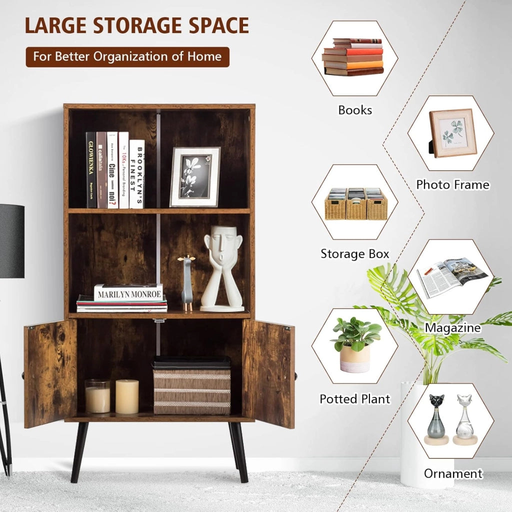 Libreria con 2 Ante a 3 Livelli, Scaffale per Libri, Credenza da Terra, Gambe Alte in Legno di Pino, Stile Vintage, Ideale per Soggiorno, Studio, Portata Massima 50 kg, 60x30x120 cm