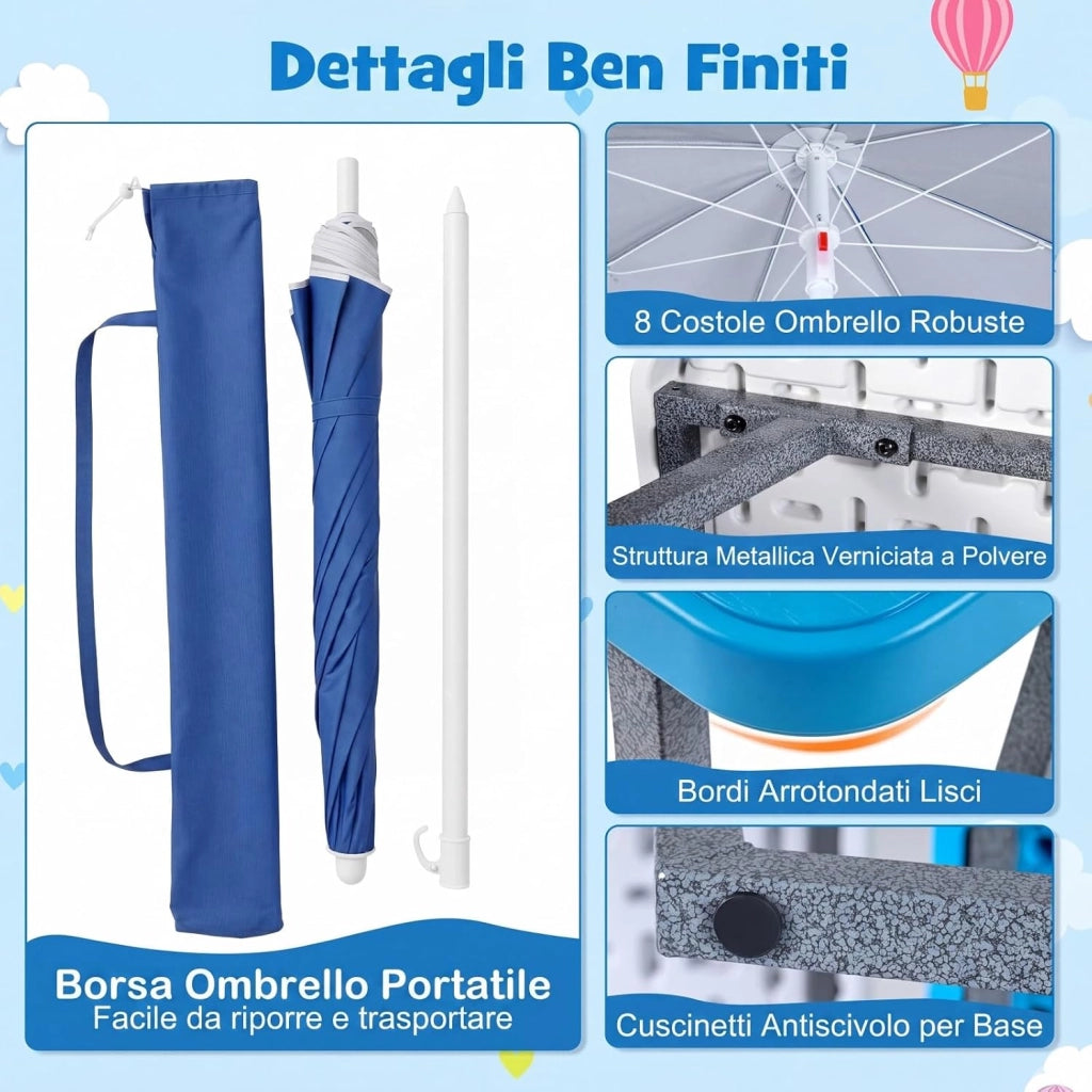 Tavolo da Picnic per Bambini, Set Tavolo e Panche da Giardino con Ombrellone Regolabile in Altezza, Struttura in Metallo e Borsa per Campeggio e Picnic per Bambini 3-8 Anni