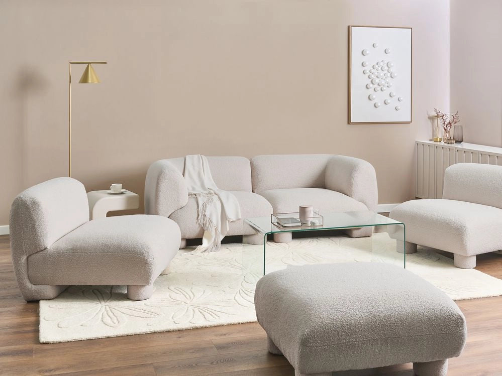 Set da salotto 4 posti con pouf, modulare dal profilo ribassato in stile organico e curvo bianco sporco