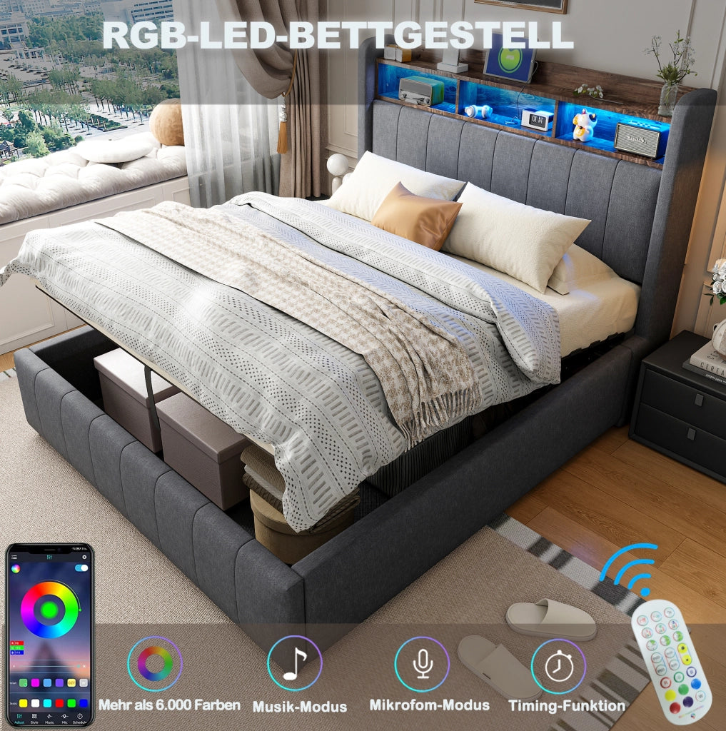 Letto imbottito 160x200 cm grigio con LED, USB e vano contenitore