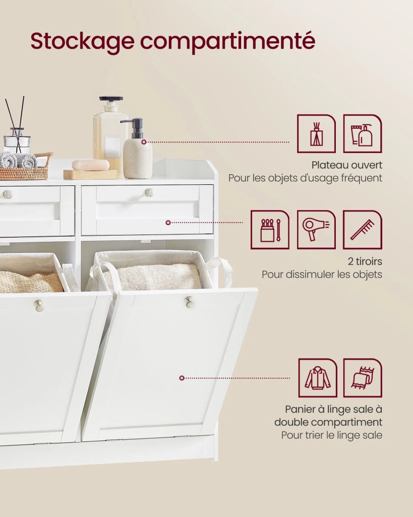 Mobiletto da bagno con cesto portabiancheria e armadio portaoggetti dotato di 1 cassetto e 1 sacco interno per la biancheria rimovibile con manici 40 x 40 x 80,2 cm bianco 12_0006486