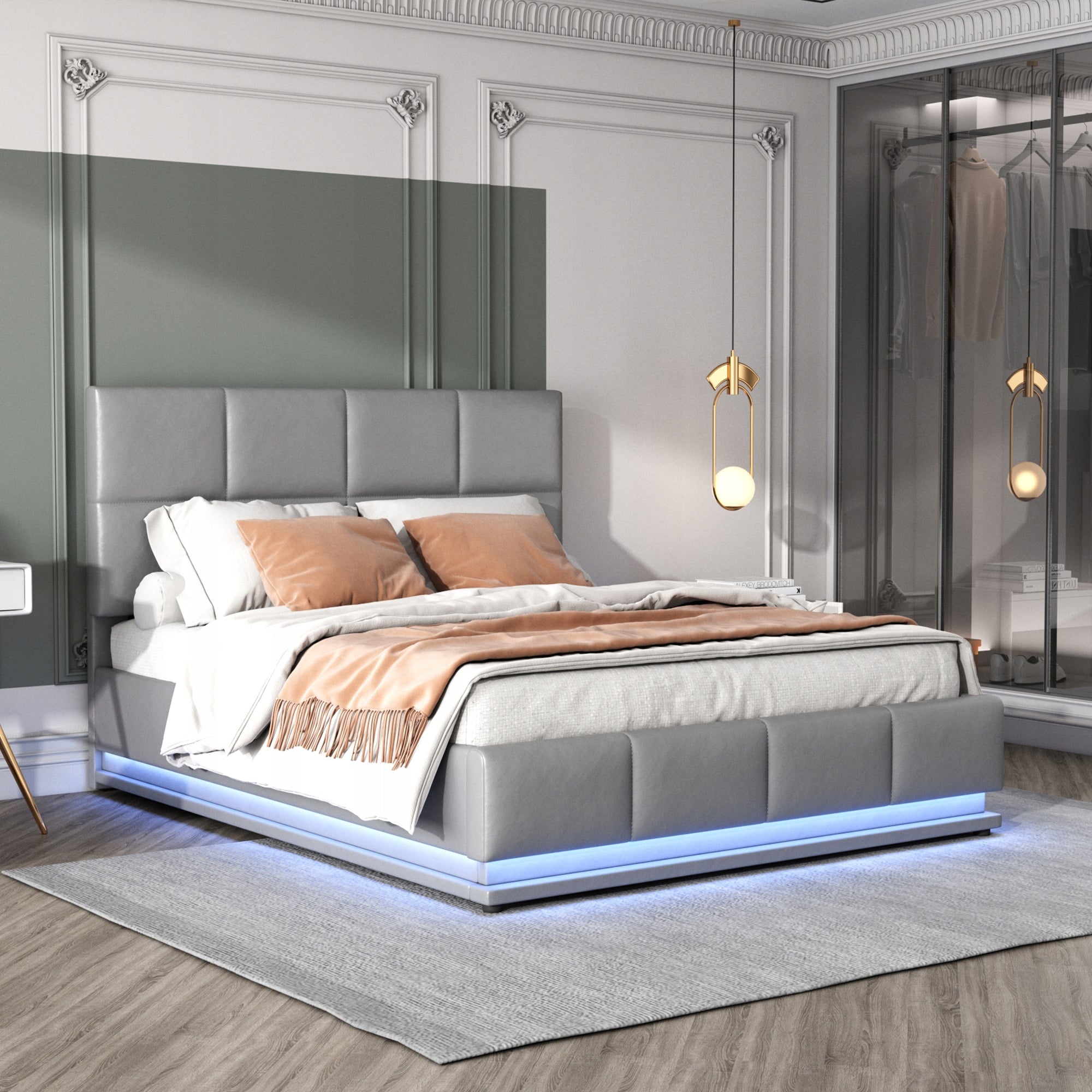 Letto imbottito 140x200 LED - Xylo - Idraulico, grigio