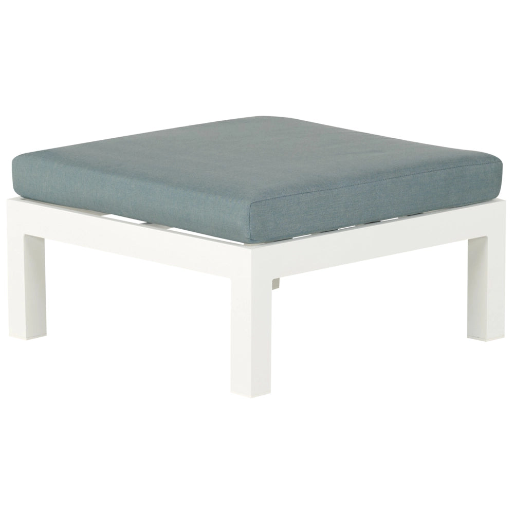 Set divano ad angolo da giardino bianco con cuscini verdi Tavolo a doghe a 5 posti Set moderno scandinavo per conversazioni all'aperto