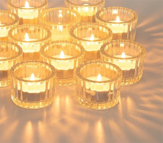 Sostegno per candele in vetro a rilievo - 12 pezzi - Ospite per candela votiva - Atmosfera romantica - Ideale per matrimoni - Adatto per candelabri a cera - Sostegno per candelabri a cera - Modello: 12 pezzi - Materiale: vetro a rilievo