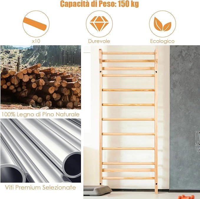 Spalliera Svedese Adulti e Bambini, Scala Svedese in Legno a 10 Gradini, Spalliera Palestra e Casa, Carico Massimo 100 kg, 195 x 80 x 14 cm