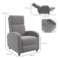 Poltrona Reclinabile 160° in Tessuto Effetto Lino con Braccioli Quadrati, 64x86x102 cm, Grigia