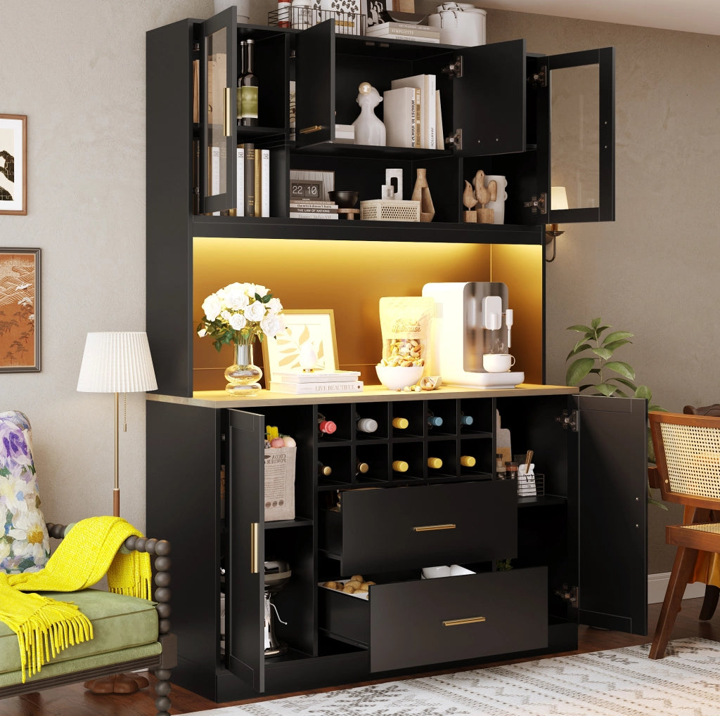 Credenza 120x36;3x180 cm con LED; prese e USB; 6 ante; MDF nero