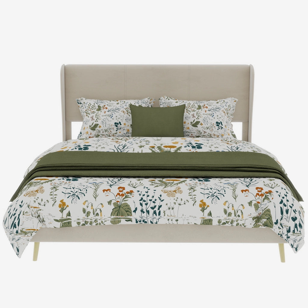 Letto Matrimoniale 140x200 cm in Tessuto e Metallo; Beige - Testiera Imbottita